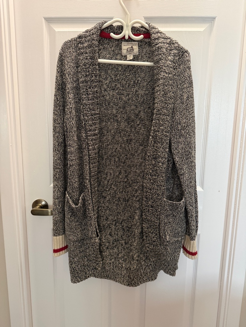 Roots Marled Gray Open-Front Cardigan with Red Trim
